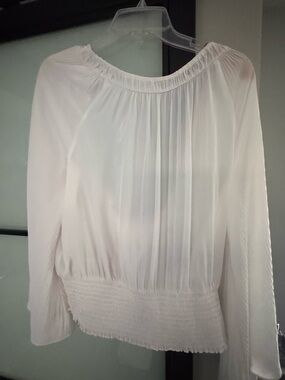 Ramy Brook White Smocked Peasant Blouse with Tie